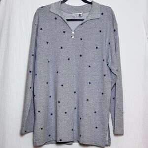Vintage 90s Quarter Zip Gray Navy Star Large Grandmacore Teachercore Grannycore